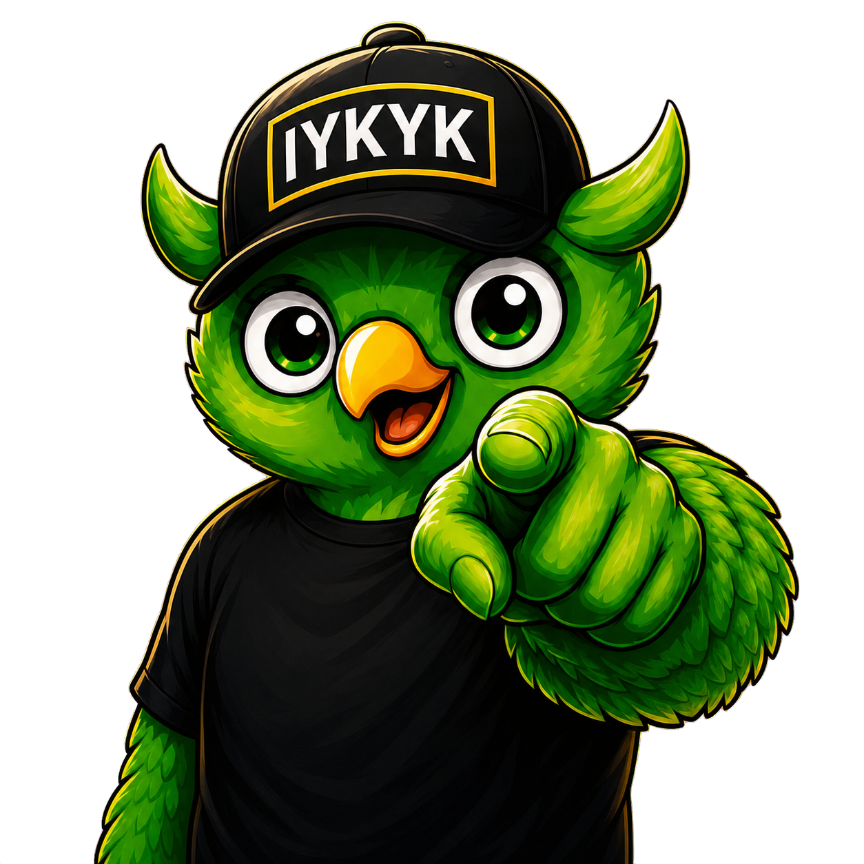 The Nite Owl Delivery green owl wearing an IYKYK cap and pointing