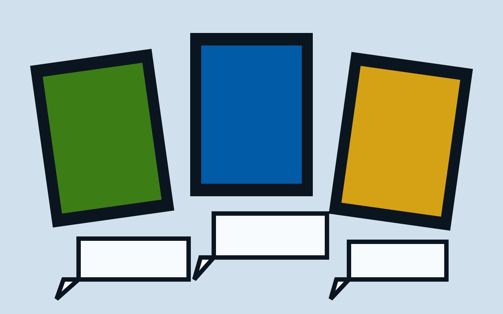 Three trading cards connected by conversation shapes